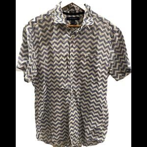 Tommy Hilfiger Mens Shirt Large Custom Fit 100% Linen Blue Chevron Print